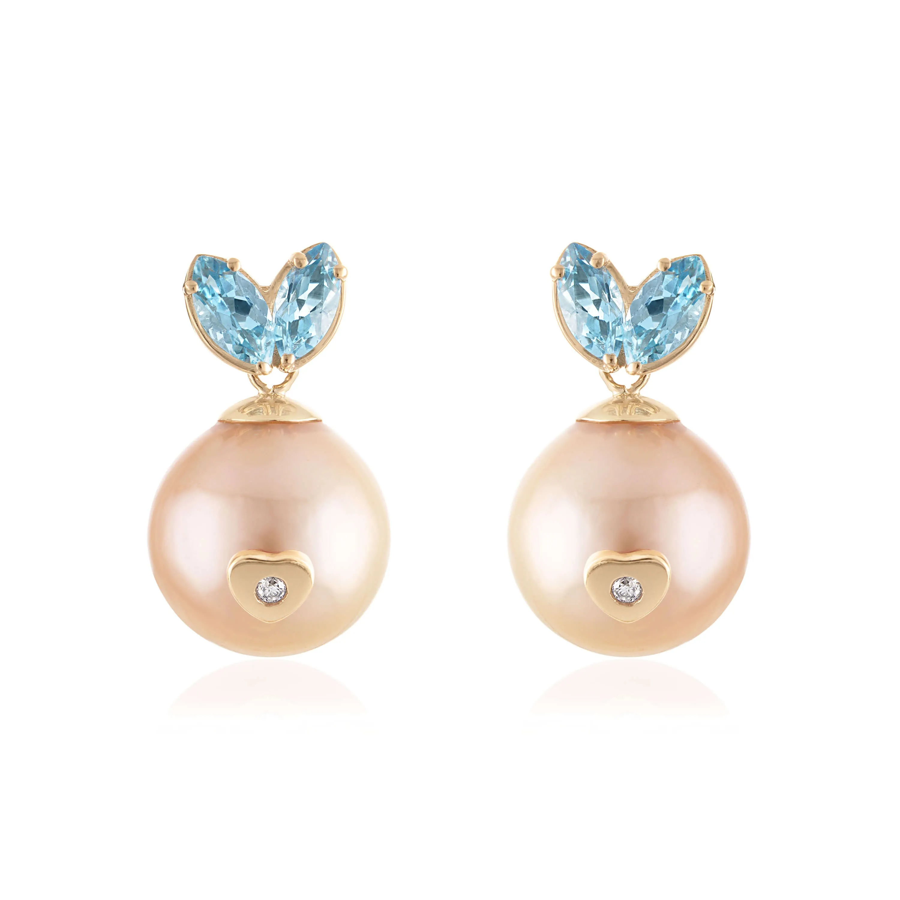 Pink Akoya Pearl Aqua Diamond Queen Rabbit Heart Nose Earrings