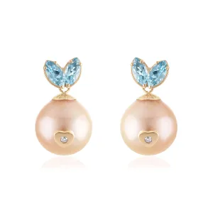 Pink Akoya Pearl Aqua Diamond Queen Rabbit Heart Nose Earrings