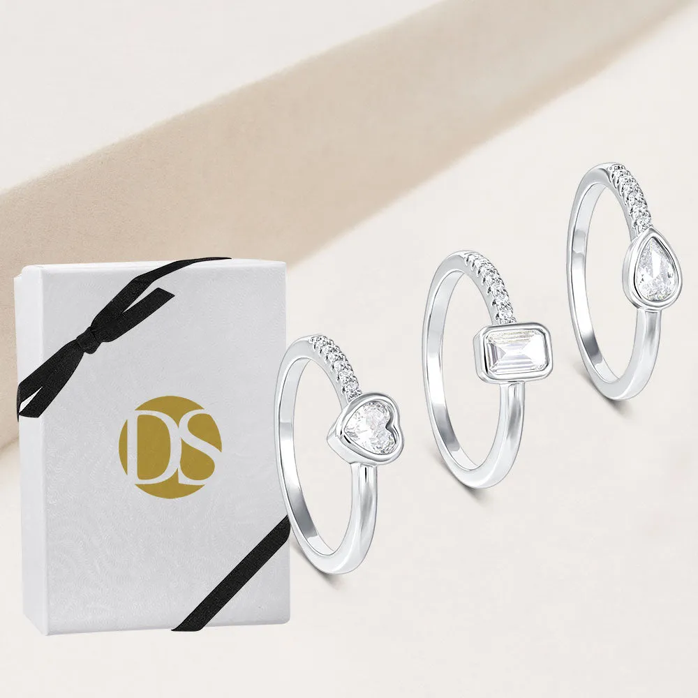 "My Girl Pave" Heart, Emerald & Pear Cut Bezel-set Set of 3 Rings
