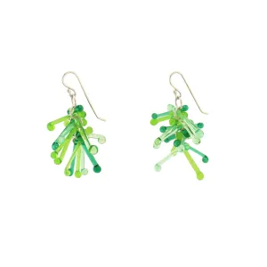 Shades of Green Kinetic Earrings of Lampwork Glass Jack with sterling silver ear wires.