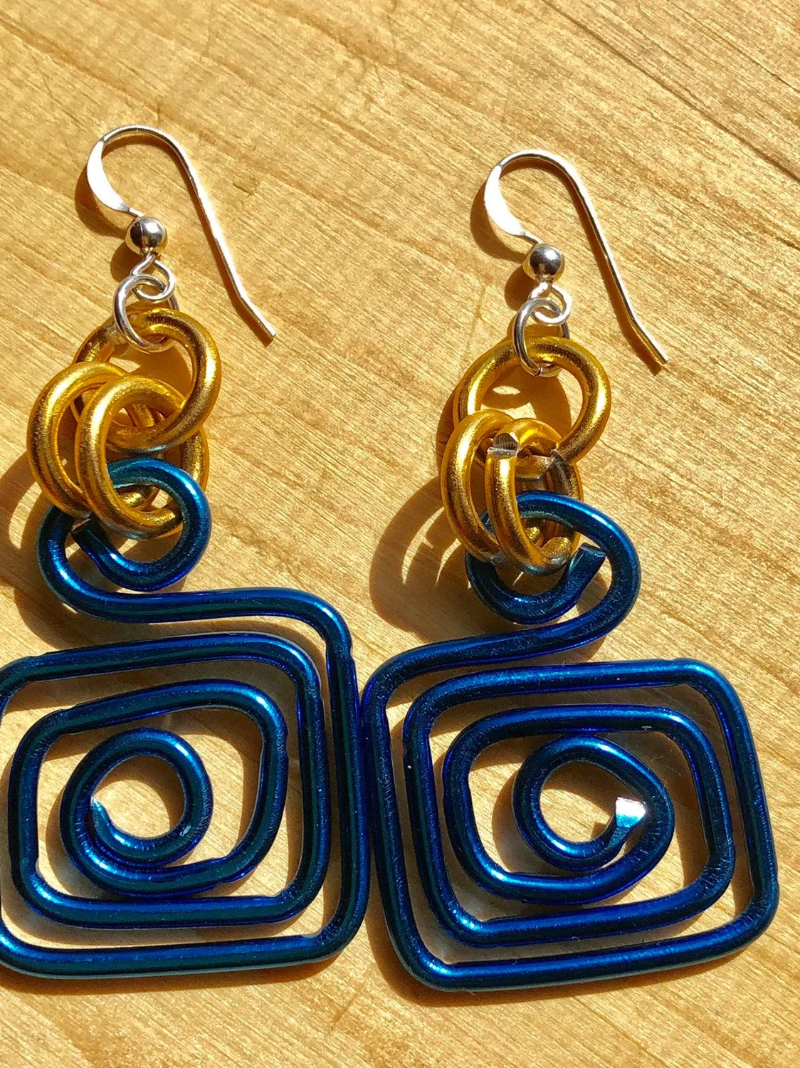 Small Square Blue and Gold Circle Aluminum Wire Earrings with sterling silver ear wire