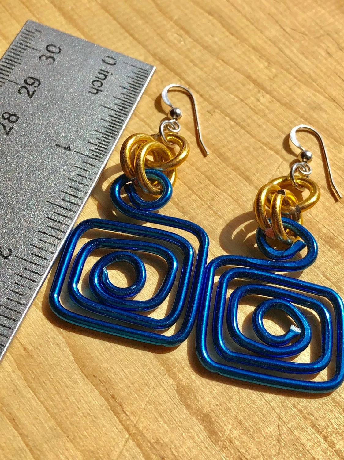 Small Square Blue and Gold Circle Aluminum Wire Earrings with sterling silver ear wire
