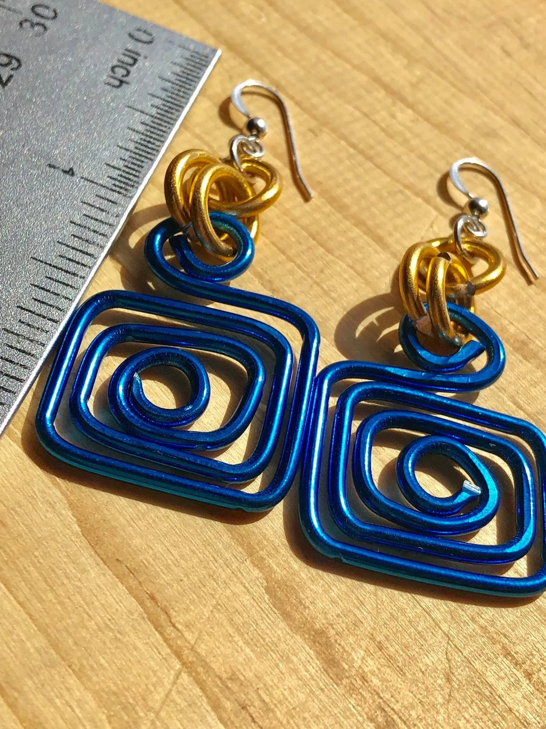 Small Square Blue and Gold Circle Aluminum Wire Earrings with sterling silver ear wire