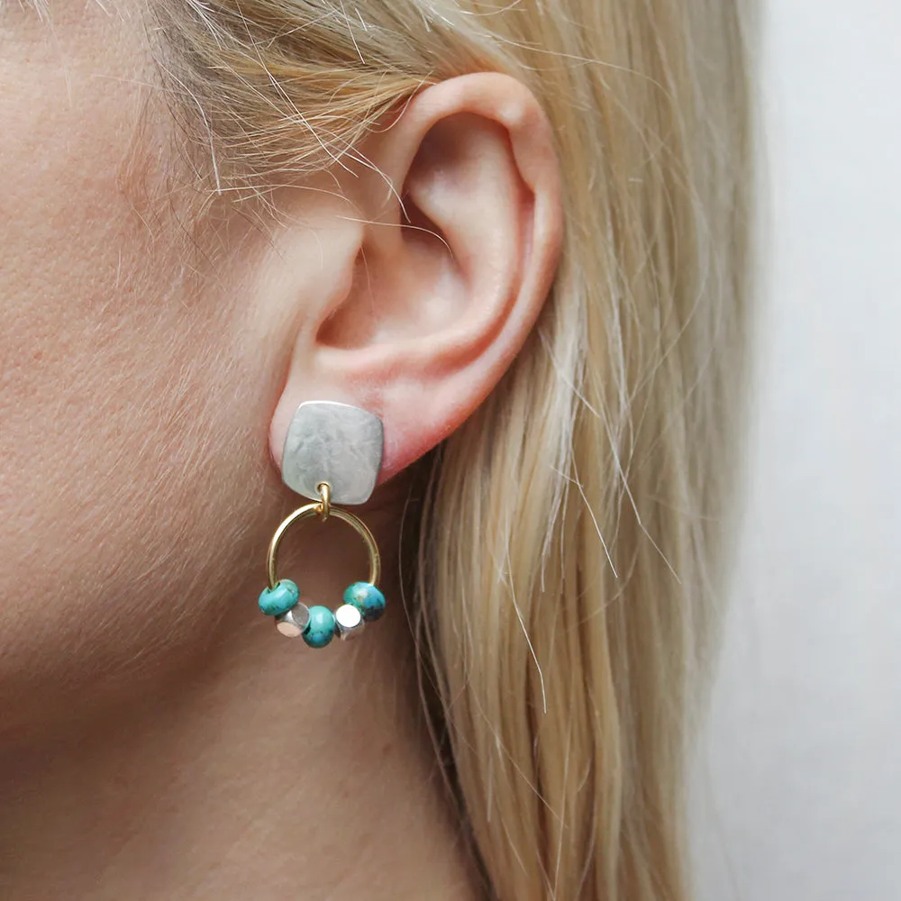 Square with Rings and Turquoise Beads Post Earrings