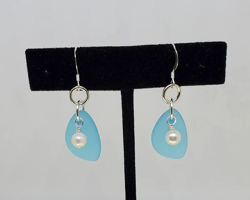 Sterling Silver & Sea Glass Triangle Earrings with Cultured Fresh Water Pearl accent