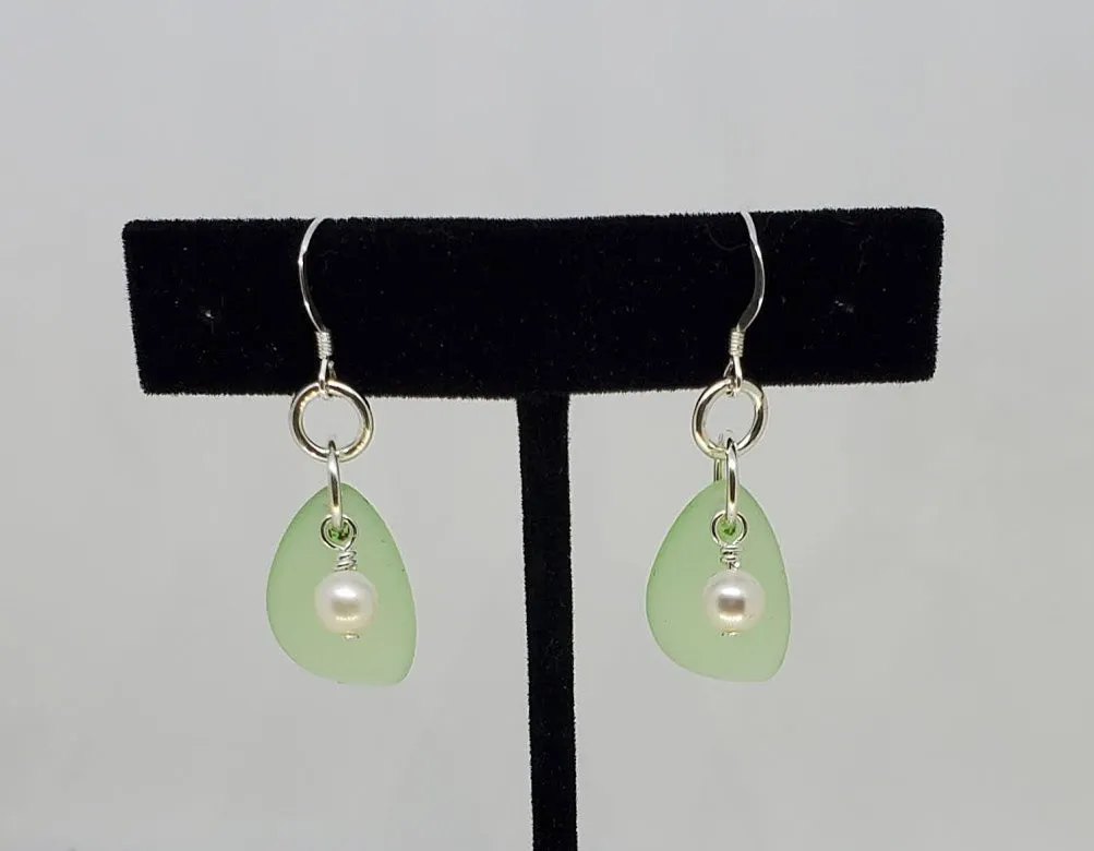 Sterling Silver & Sea Glass Triangle Earrings with Cultured Fresh Water Pearl accent