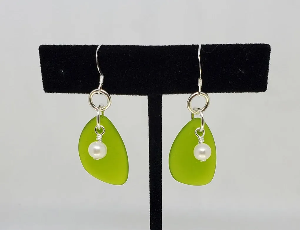 Sterling Silver & Sea Glass Triangle Earrings with Cultured Fresh Water Pearl accent