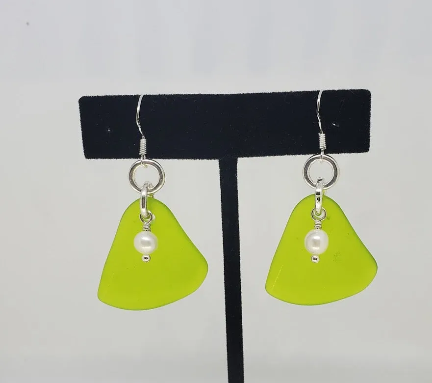 Sterling Silver & Sea Glass Triangle Earrings with Cultured Fresh Water Pearl accent