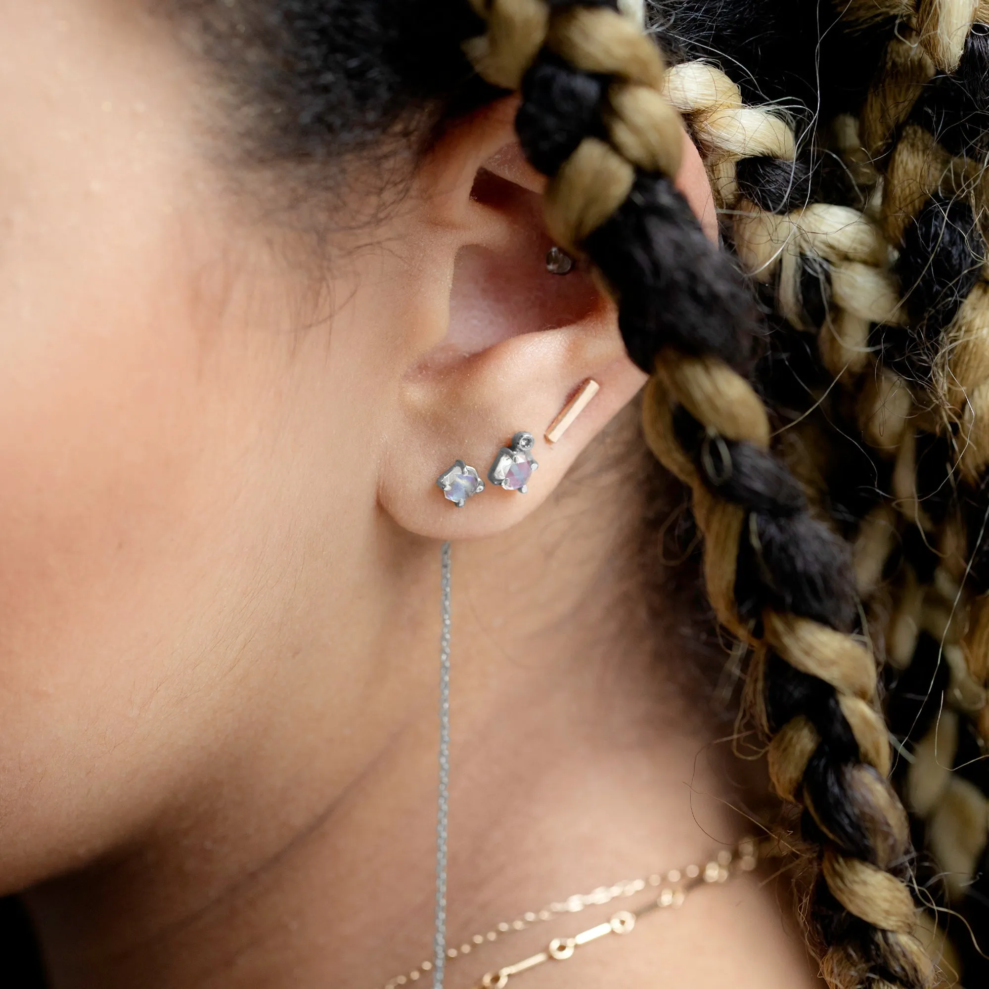 The Hexagon Moonstone   Diamond Stud Earrings | Sterling Silver