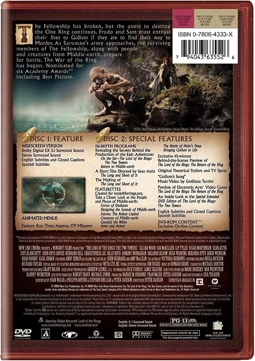 The Lord Of The Rings - The Two Towers DVD (2-Disc Widescreen) (Free Shipping)