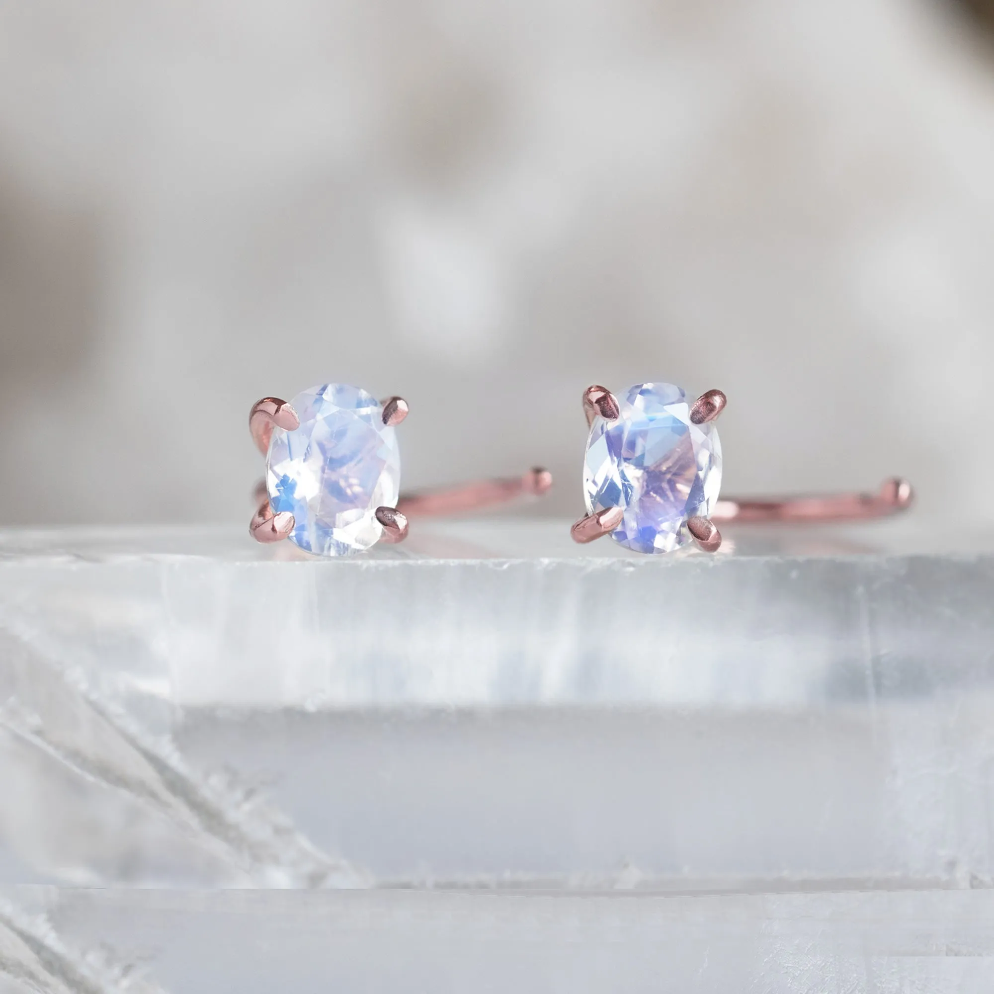 The Rainbow Moonstone Huggie Stud Earrings | 14K Rose Gold