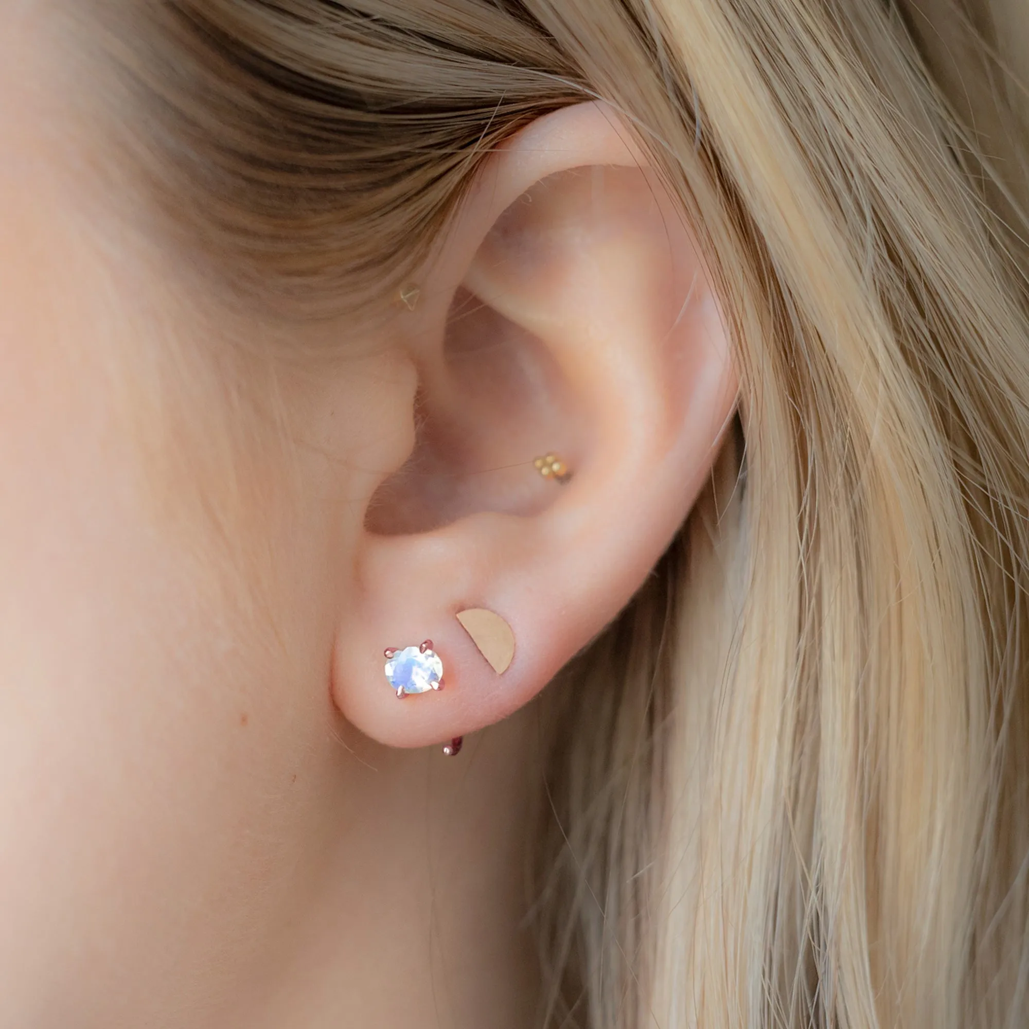 The Rainbow Moonstone Huggie Stud Earrings | 14K Rose Gold