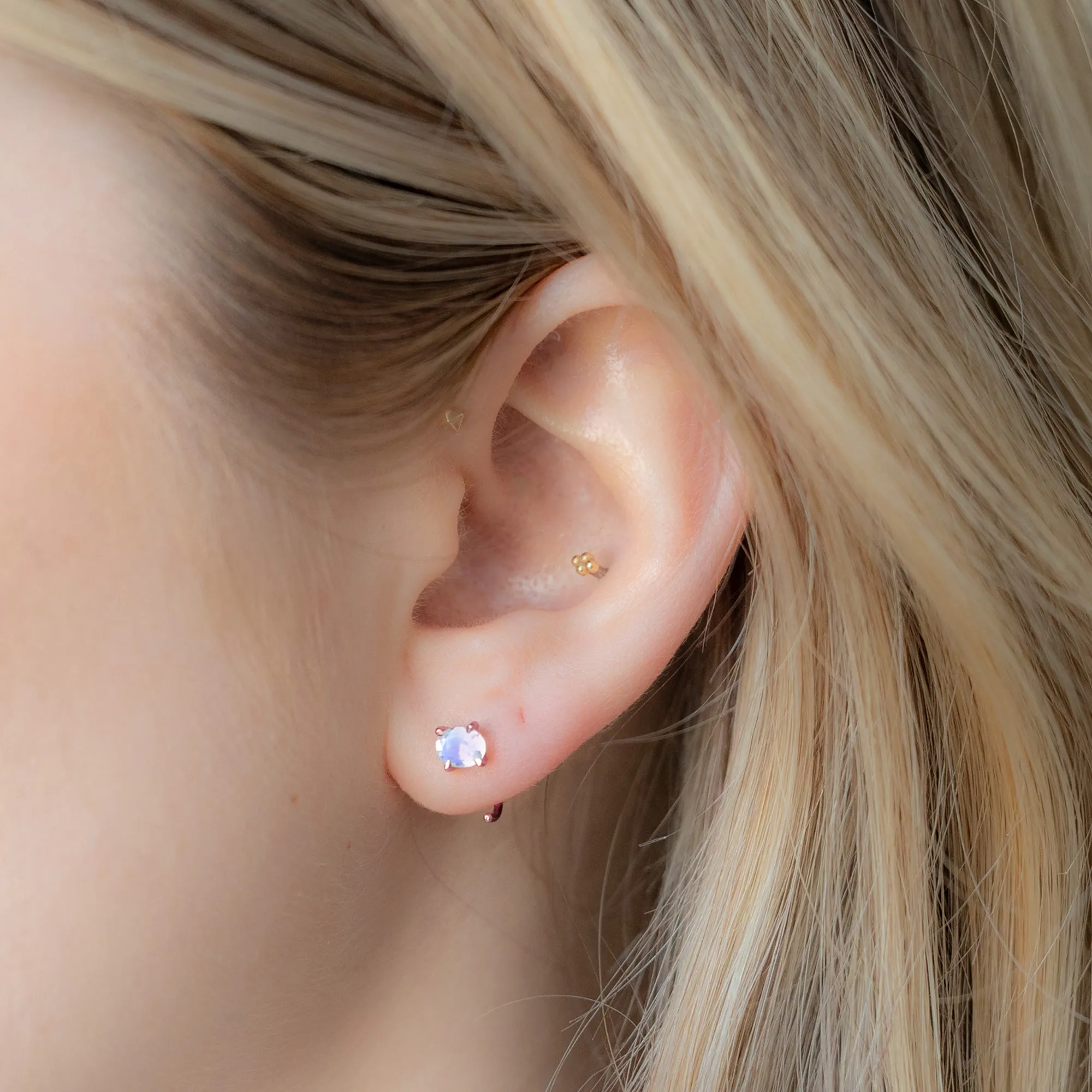 The Rainbow Moonstone Huggie Stud Earrings | 14K Rose Gold