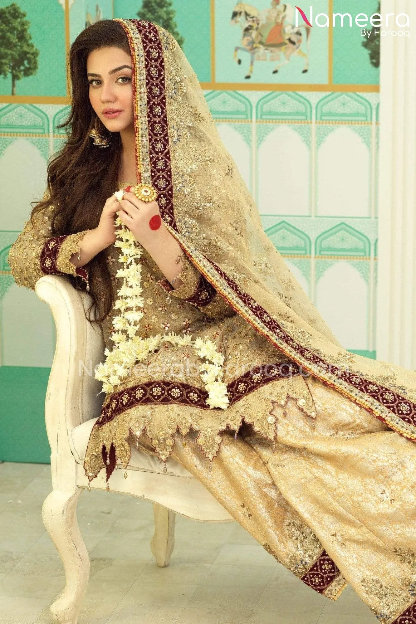 Traditional Golden Pakistani Bridal Dress Online #BS538