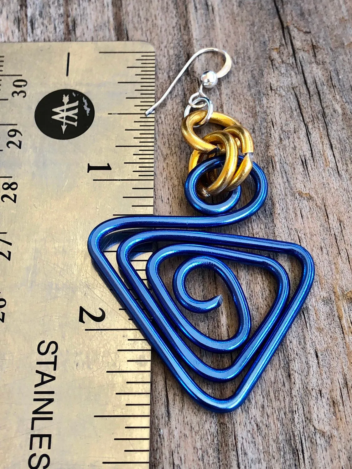 Triangle Blue and Gold Aluminum Wire Earrings with sterling silver ear wire