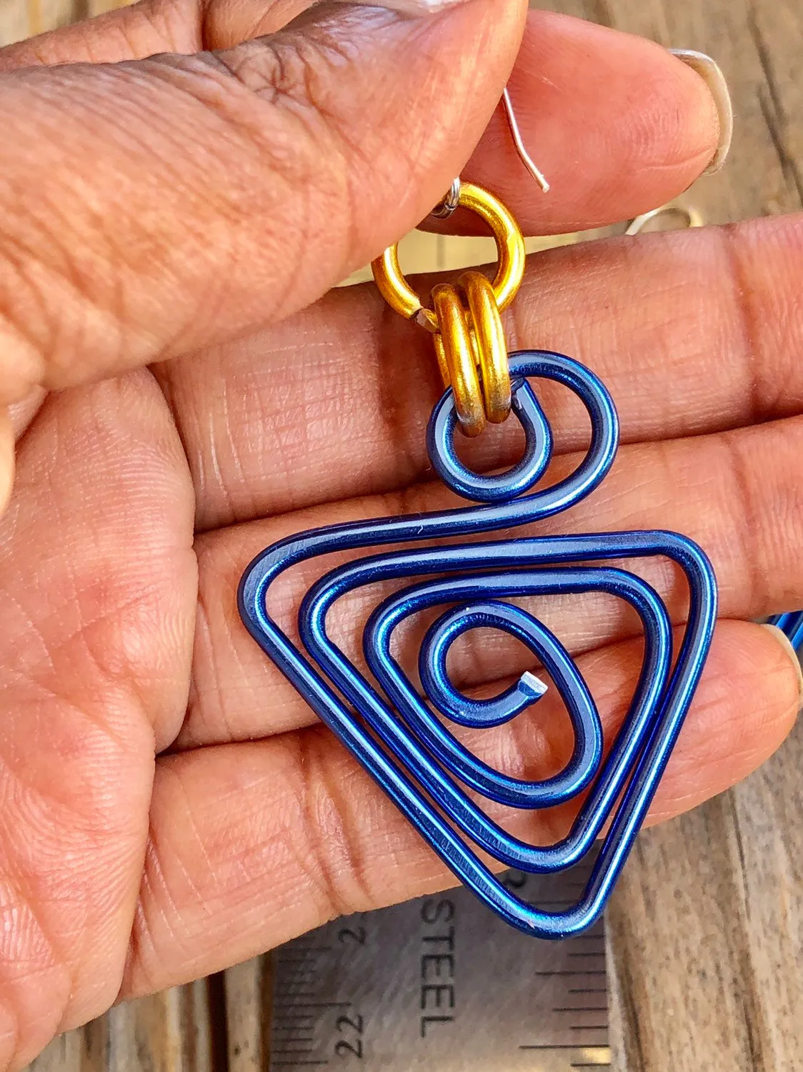 Triangle Blue and Gold Aluminum Wire Earrings with sterling silver ear wire