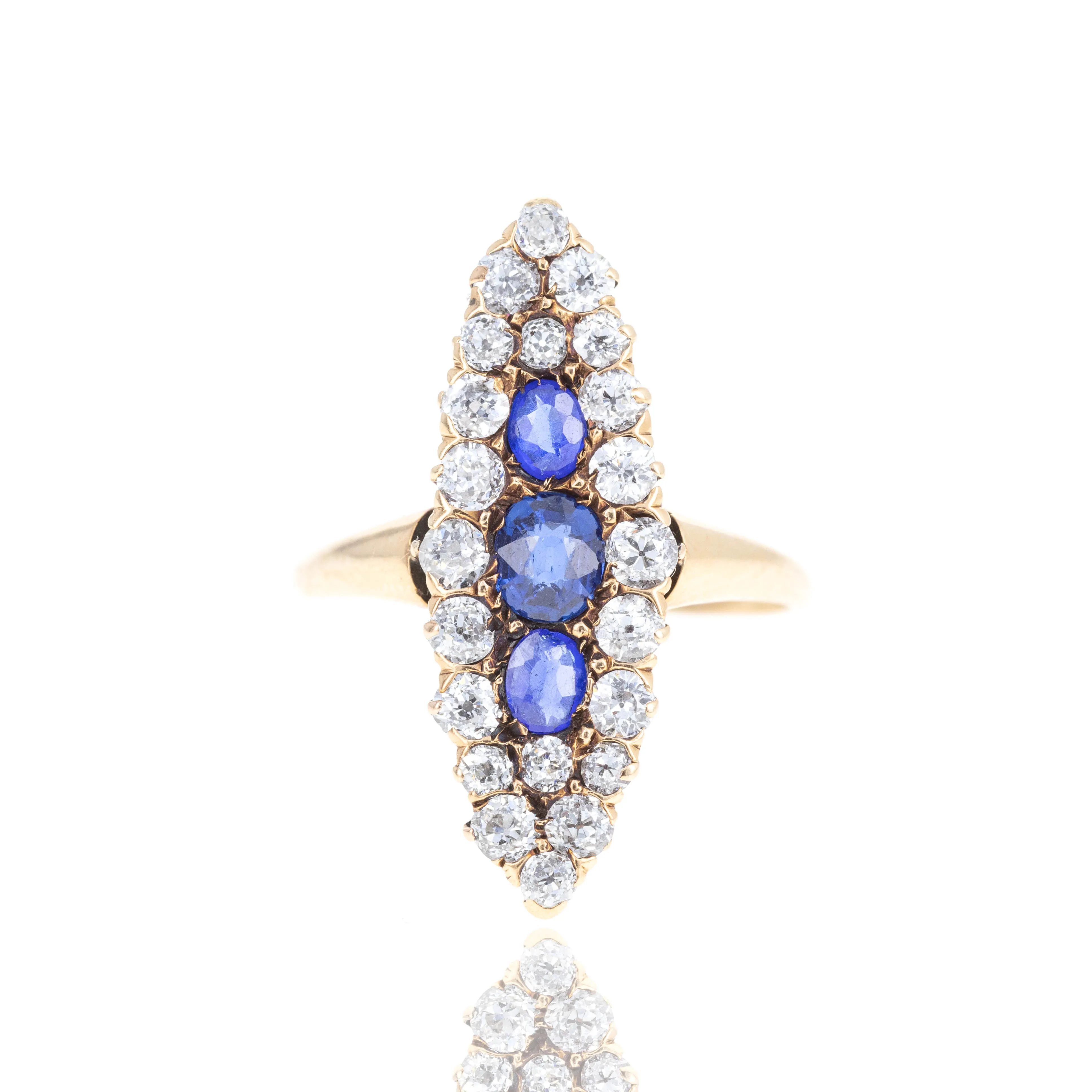 Victorian 14K Yellow Gold Sapphire Old European Cut Diamond Ring