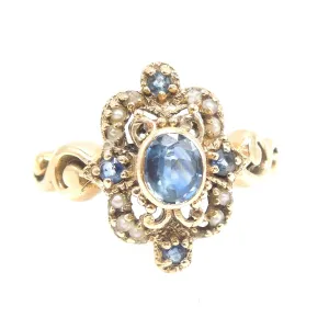 Victorian Sapphire and Seed Pearl Ring in Yellow Gold
