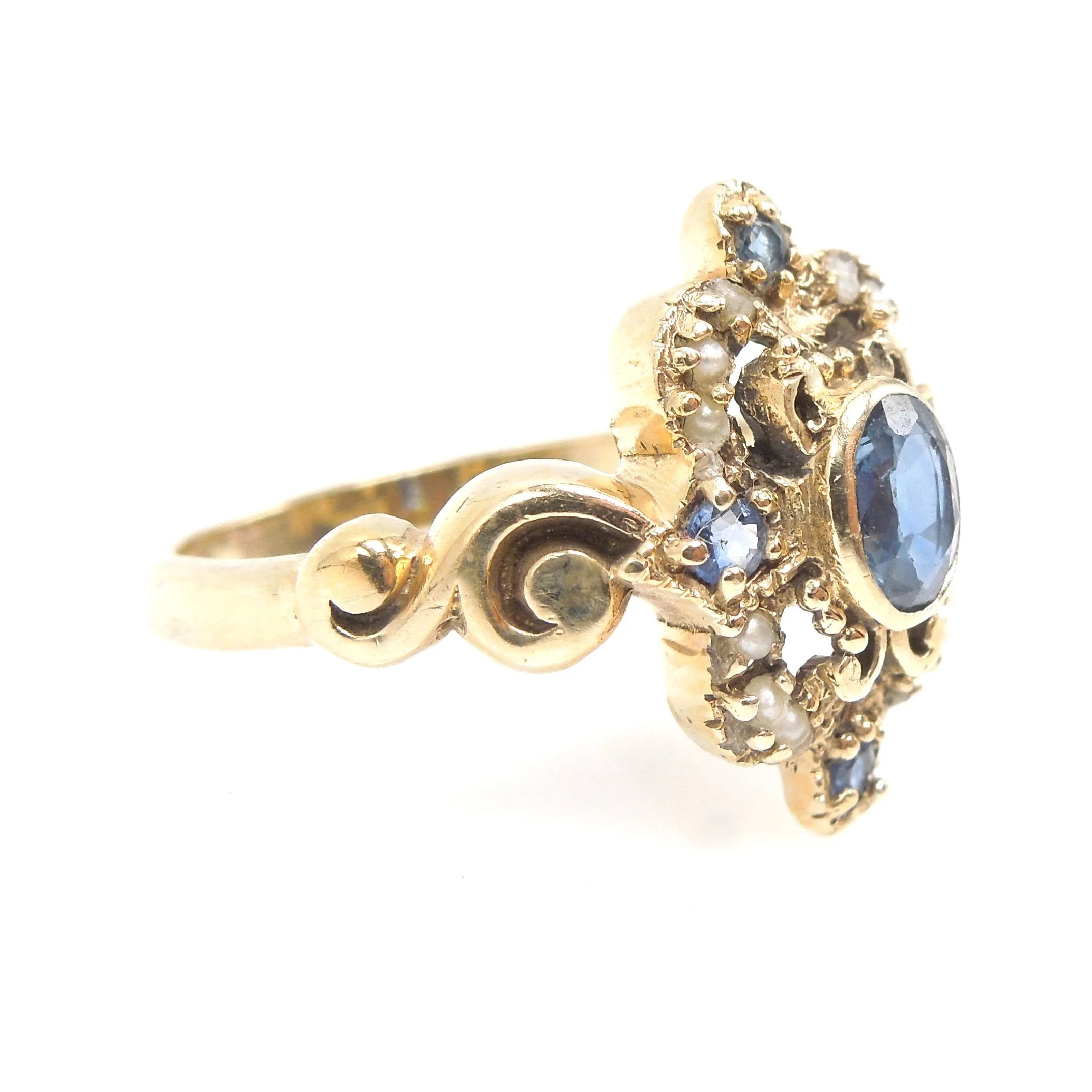Victorian Sapphire and Seed Pearl Ring in Yellow Gold