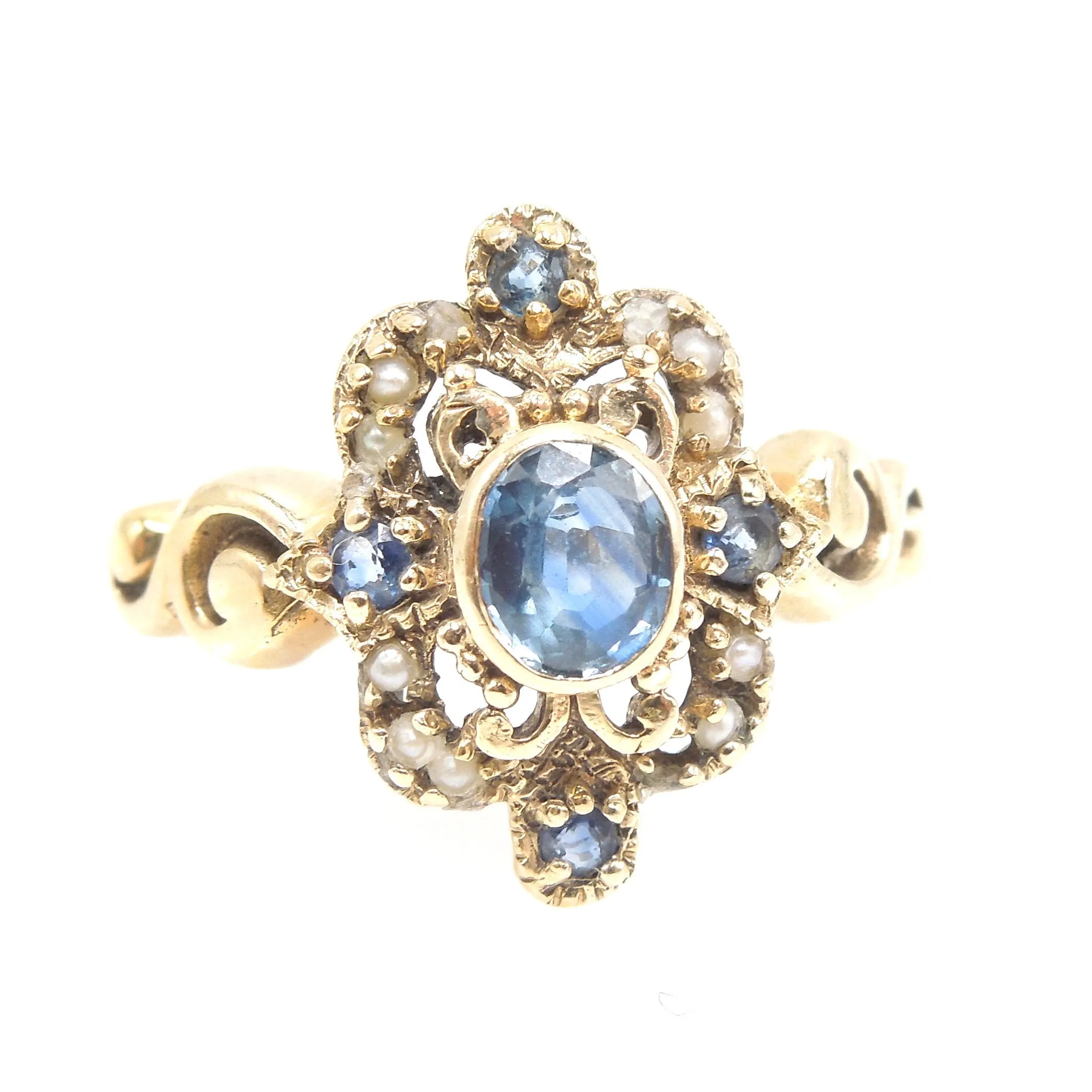 Victorian Sapphire and Seed Pearl Ring in Yellow Gold