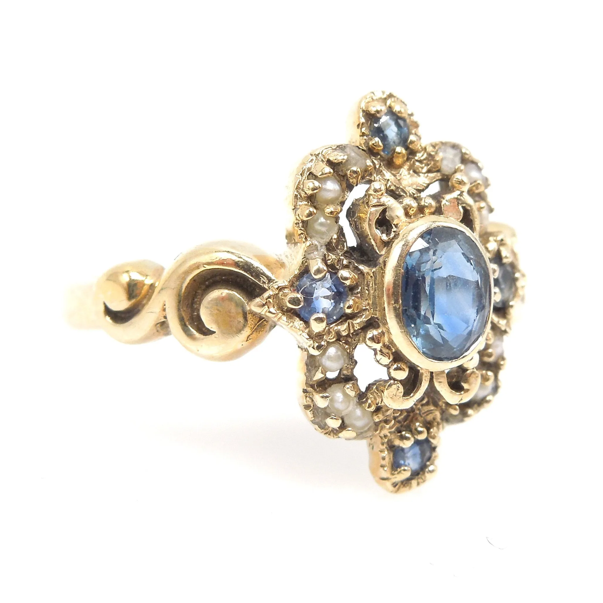 Victorian Sapphire and Seed Pearl Ring in Yellow Gold