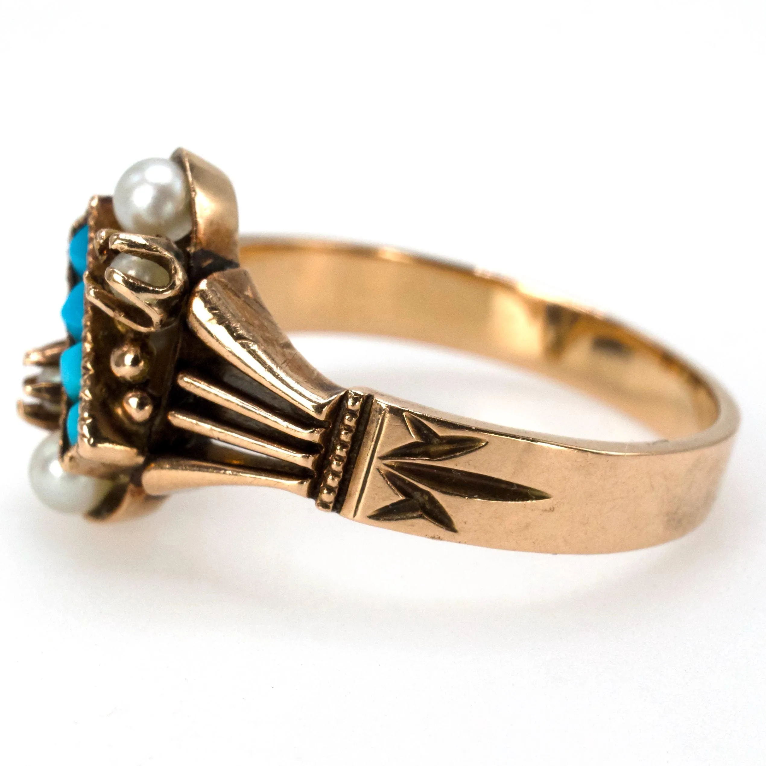 Victorian Turquoise and Seed Pearl 14K Yellow Gold Ring