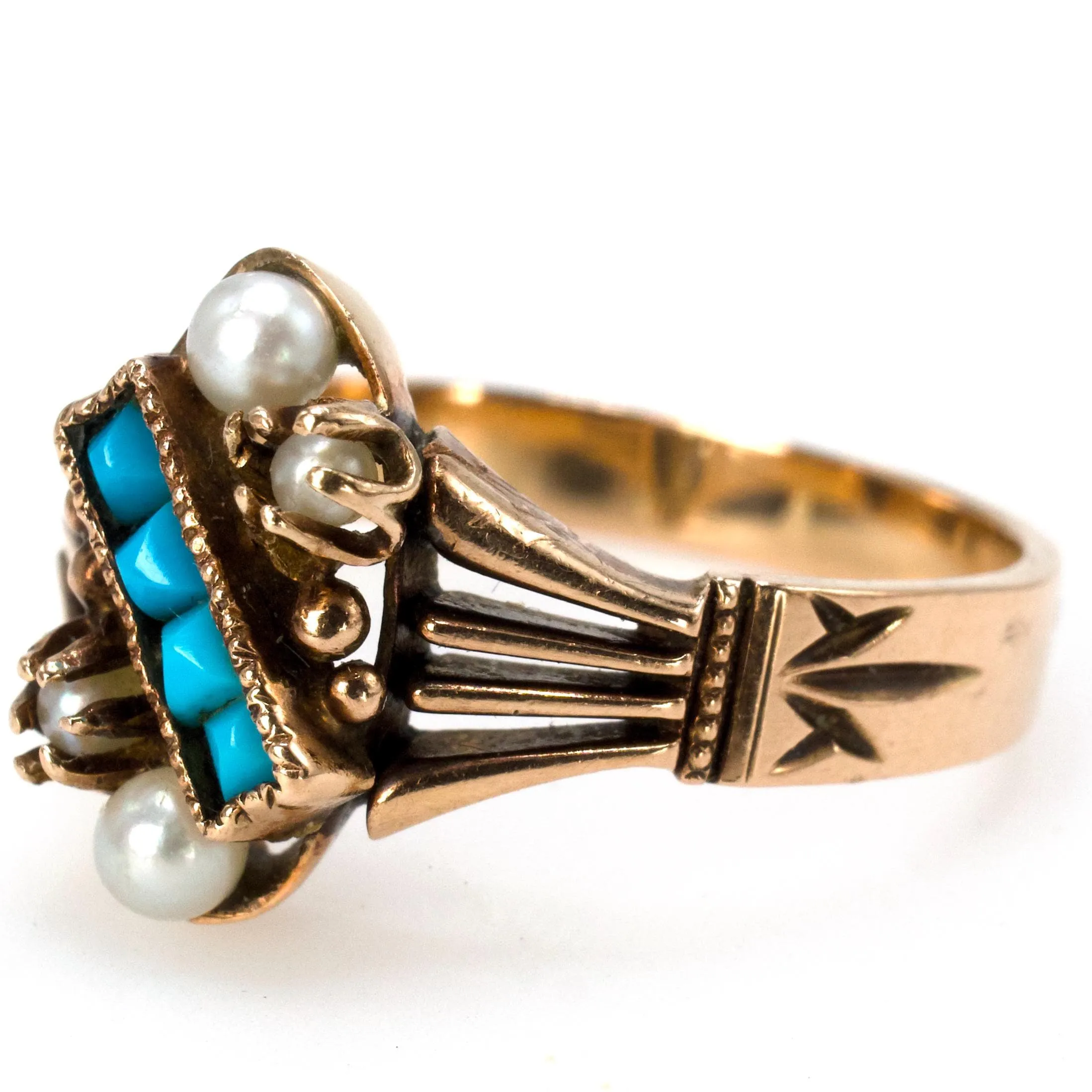 Victorian Turquoise and Seed Pearl 14K Yellow Gold Ring