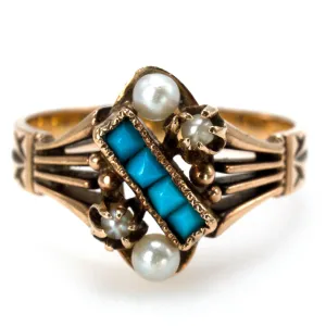 Victorian Turquoise and Seed Pearl 14K Yellow Gold Ring