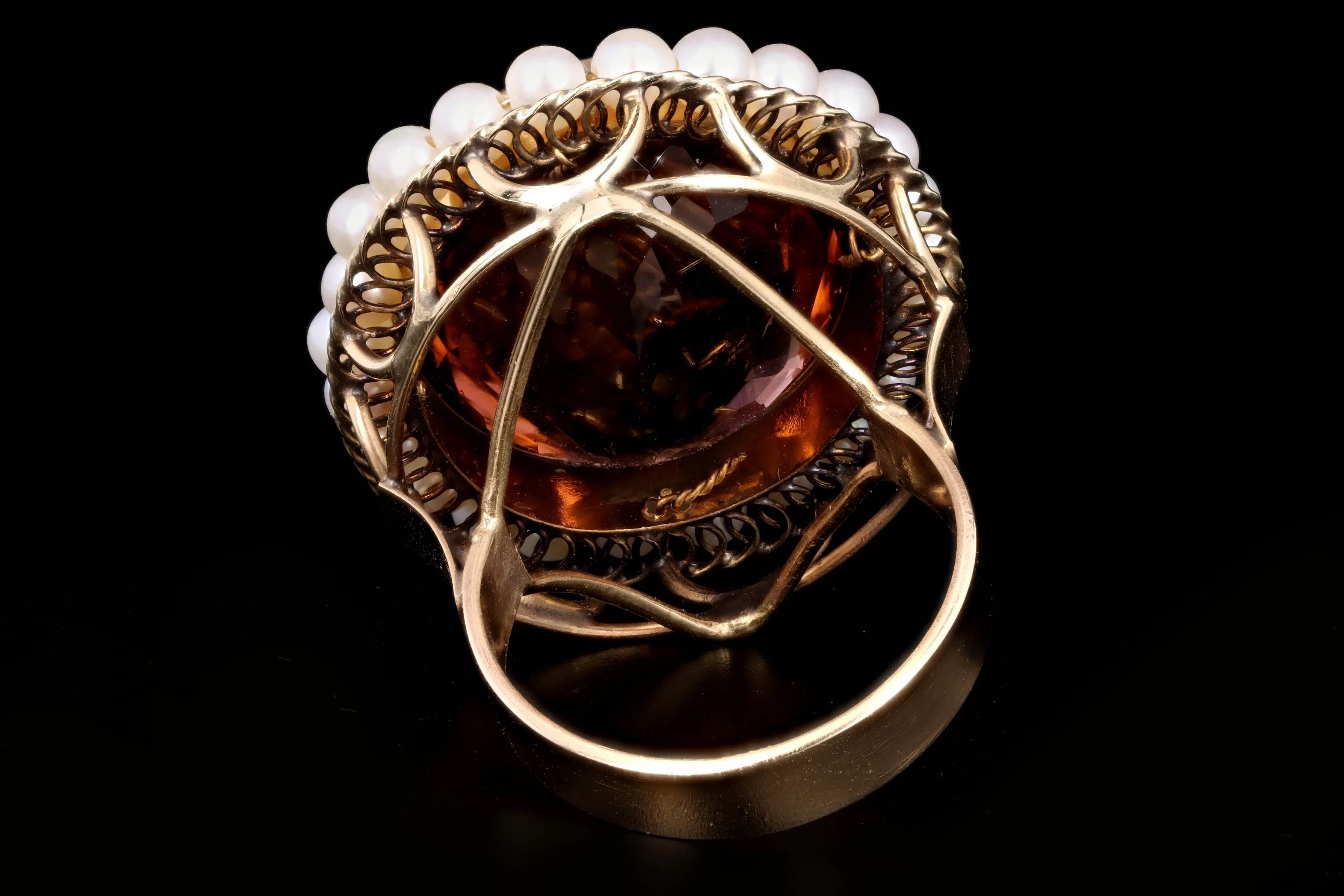 Vintage 14K Yellow Gold 22 Carat Tourmaline & Pearl Ring