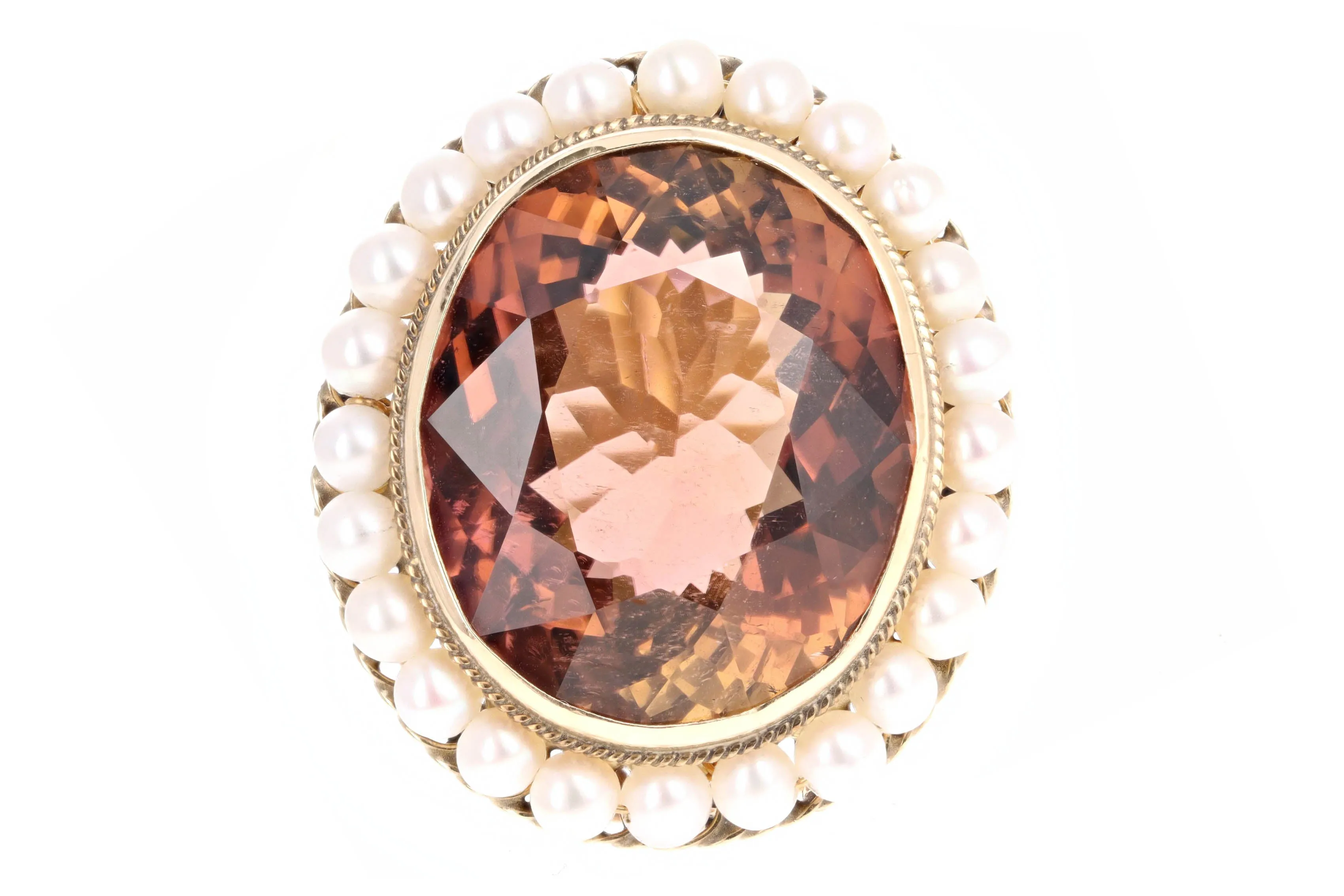 Vintage 14K Yellow Gold 22 Carat Tourmaline & Pearl Ring