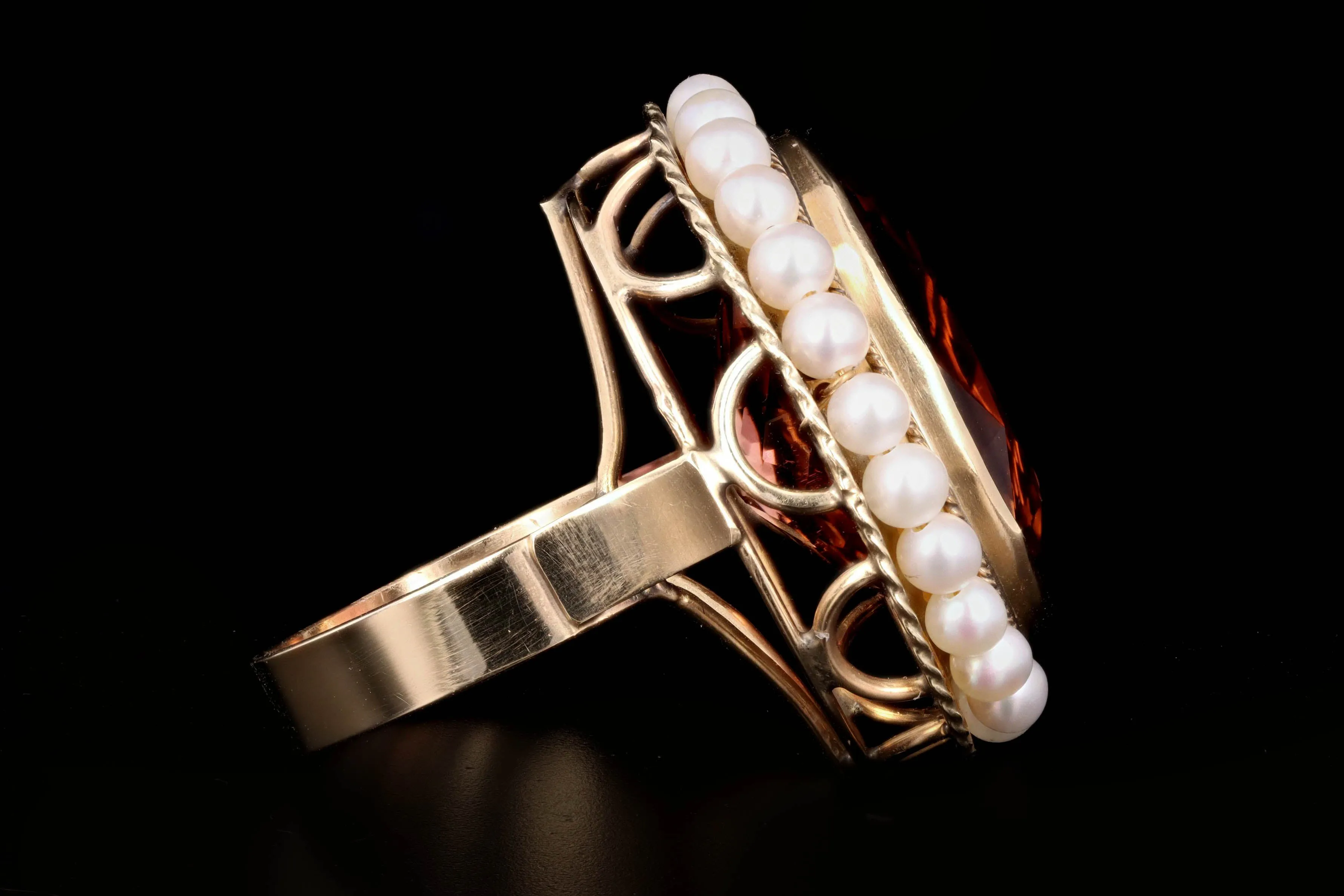 Vintage 14K Yellow Gold 22 Carat Tourmaline & Pearl Ring