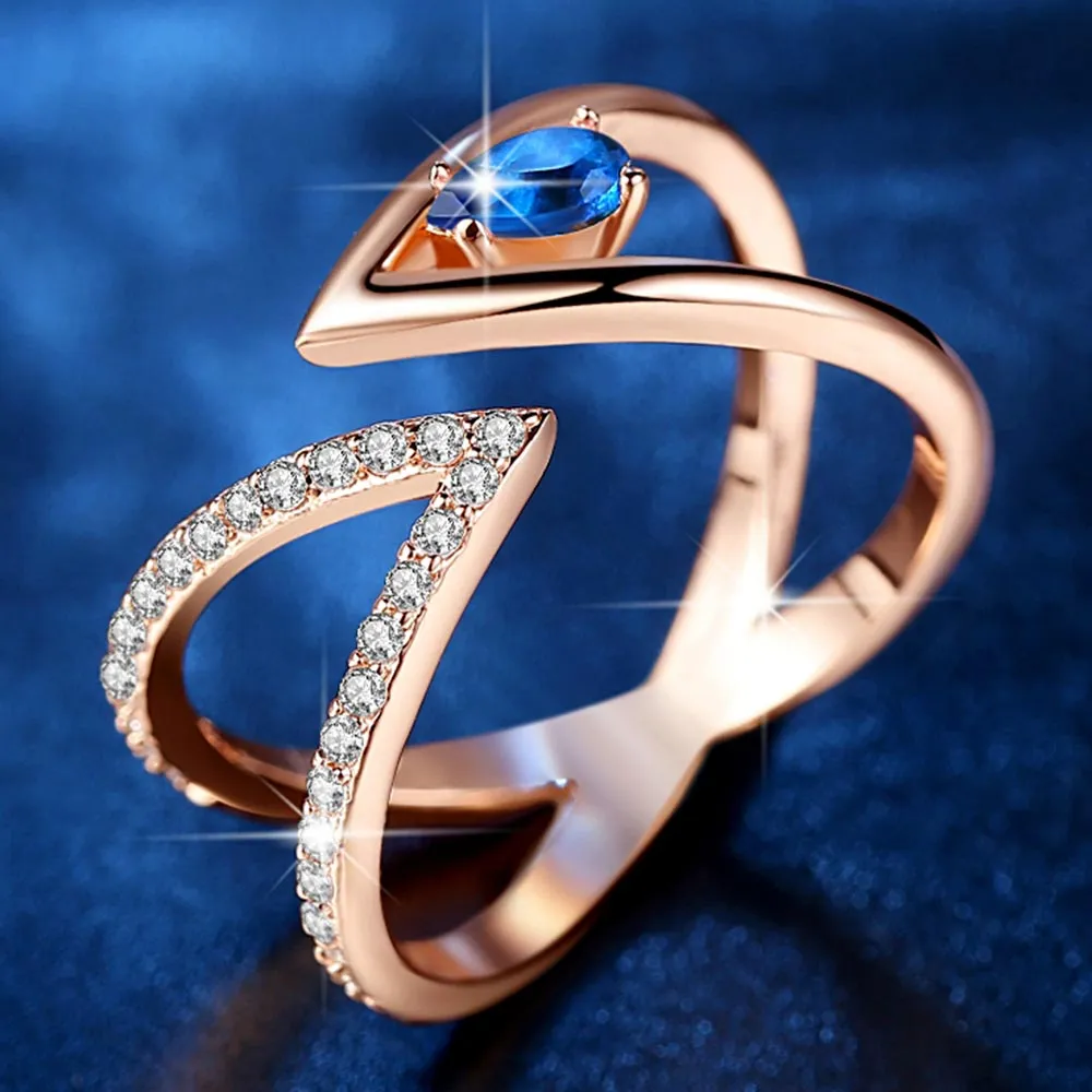 Vintage 18K Rose Gold Ring AAA  Cubic Zircon CZ Cluster V Letter Adjustable Ring