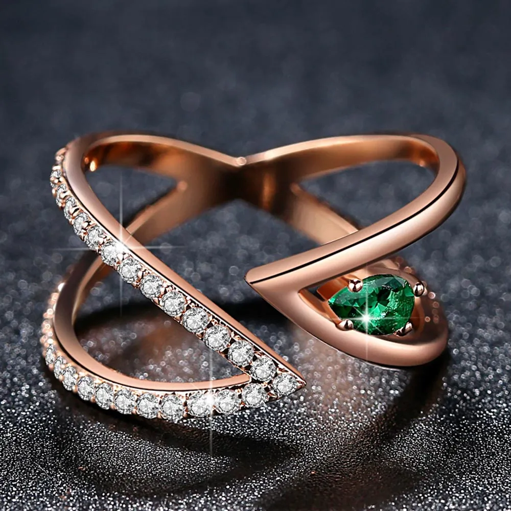 Vintage 18K Rose Gold Ring AAA  Cubic Zircon CZ Cluster V Letter Adjustable Ring