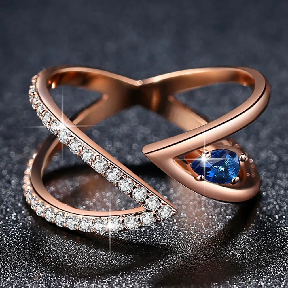 Vintage 18K Rose Gold Ring AAA  Cubic Zircon CZ Cluster V Letter Adjustable Ring