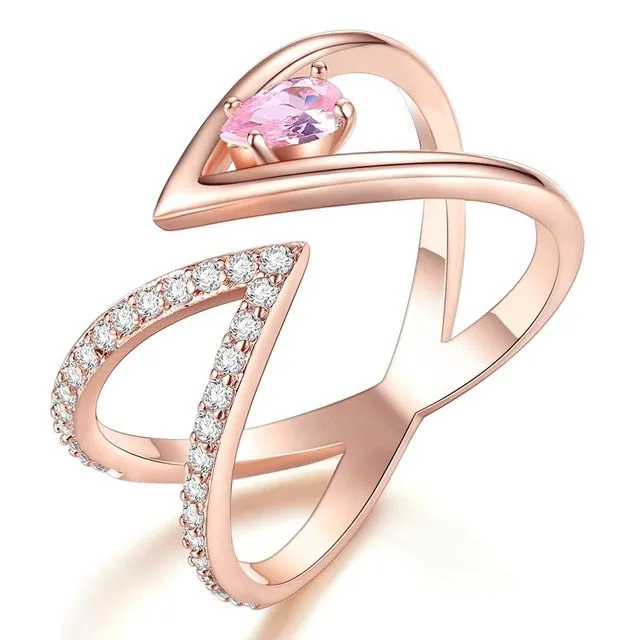 Vintage 18K Rose Gold Ring AAA  Cubic Zircon CZ Cluster V Letter Adjustable Ring