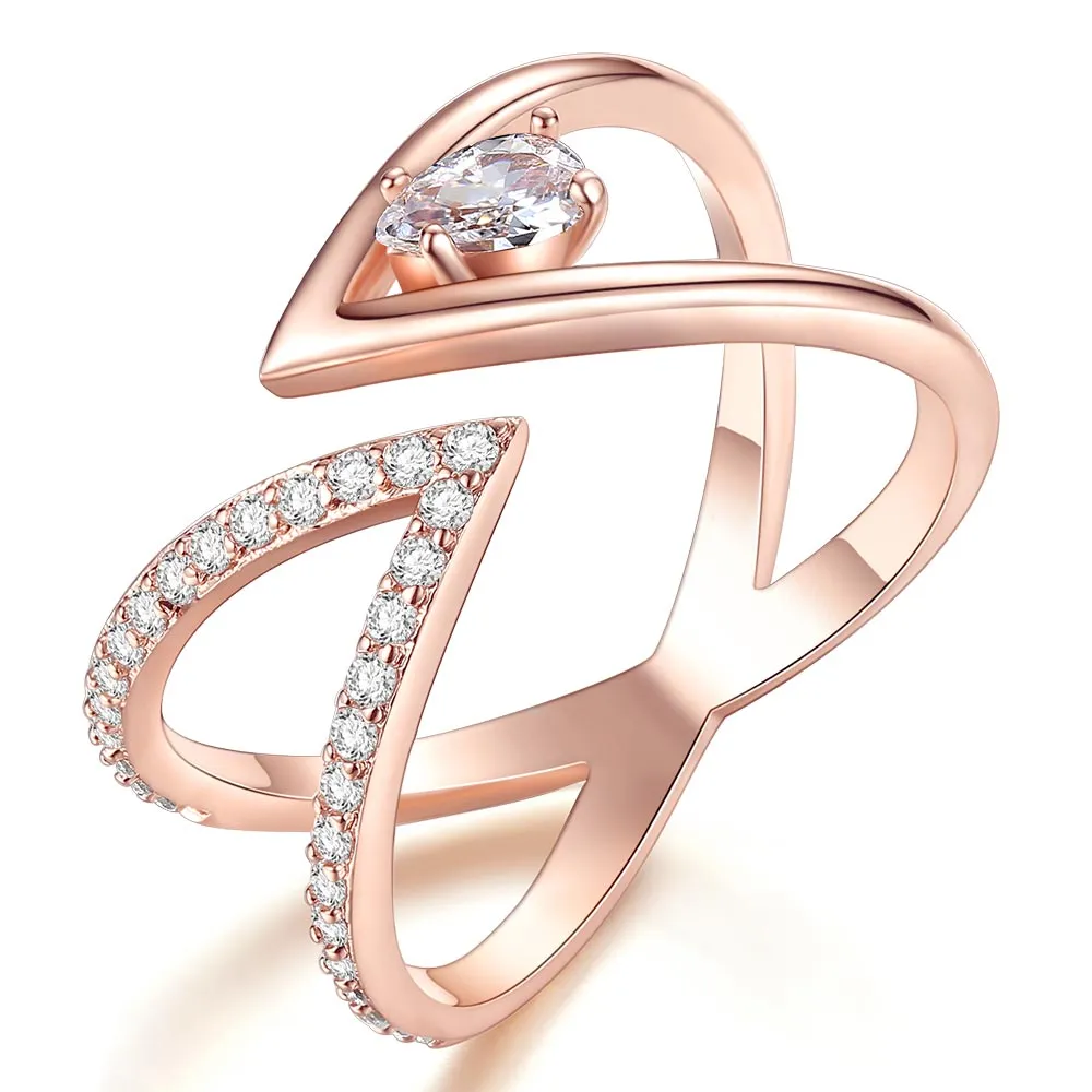 Vintage 18K Rose Gold Ring AAA  Cubic Zircon CZ Cluster V Letter Adjustable Ring