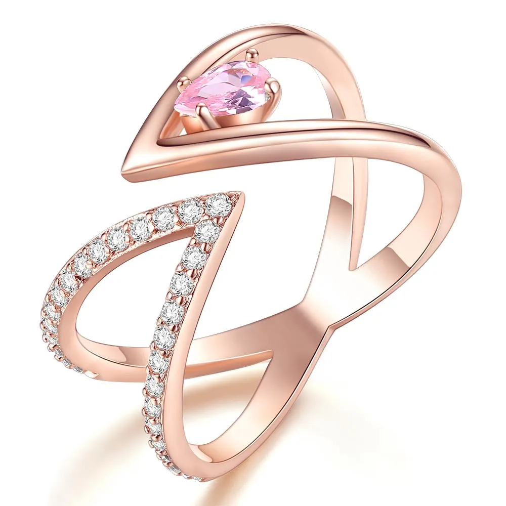 Vintage 18K Rose Gold Ring AAA  Cubic Zircon CZ Cluster V Letter Adjustable Ring