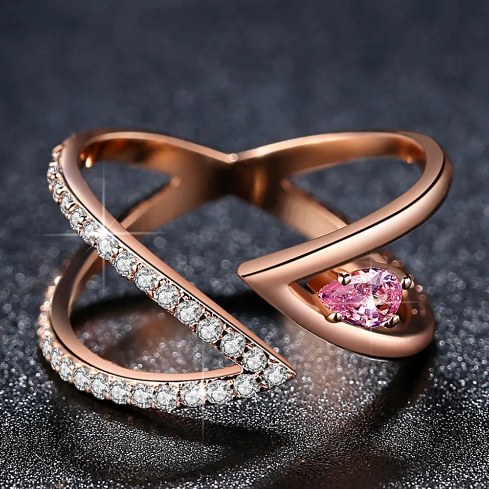 Vintage 18K Rose Gold Ring AAA  Cubic Zircon CZ Cluster V Letter Adjustable Ring