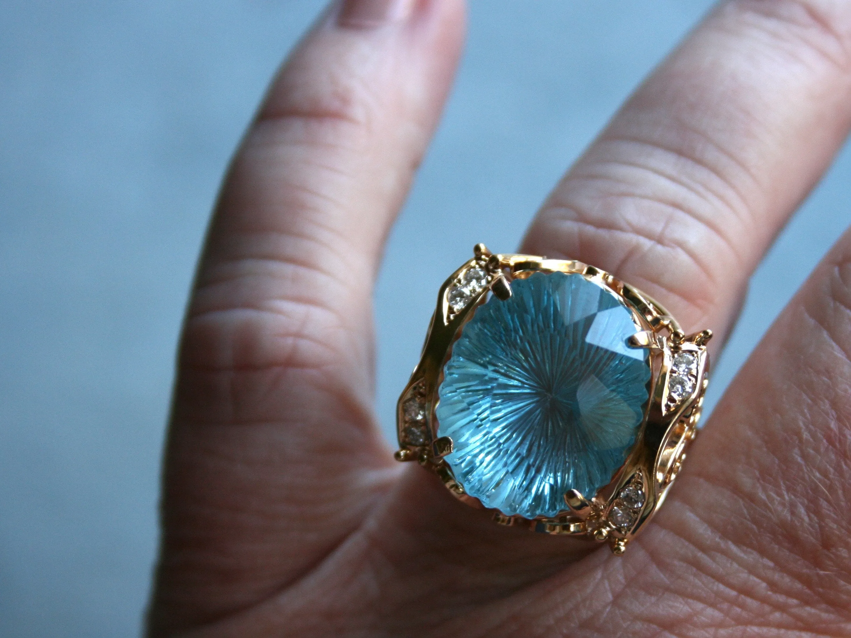 Vintage 18K Yellow Gold Fantasy Cut Blue Topaz and Diamond Ring - 22.71ct.