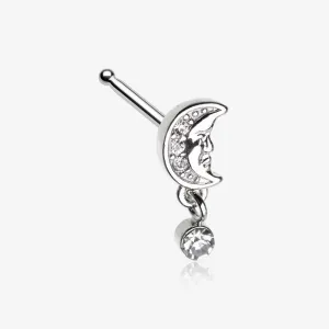 Vintage Crescent Moon Face Sparkle Dangle Nose Stud Ring