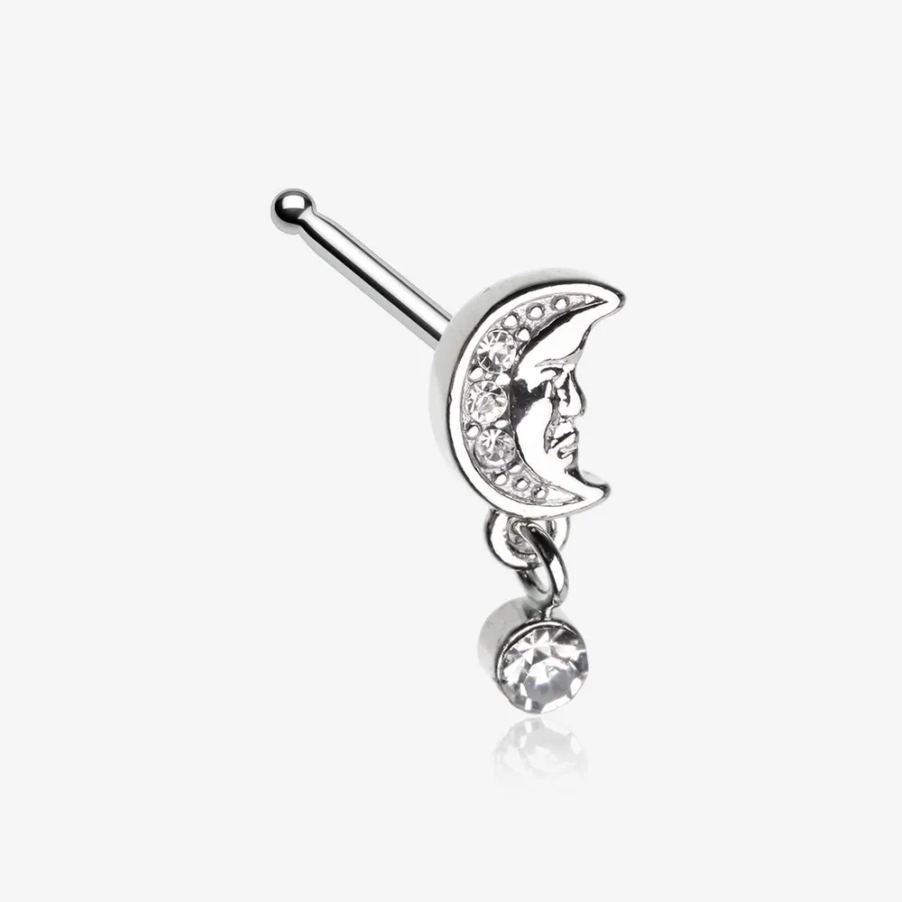 Vintage Crescent Moon Face Sparkle Dangle Nose Stud Ring