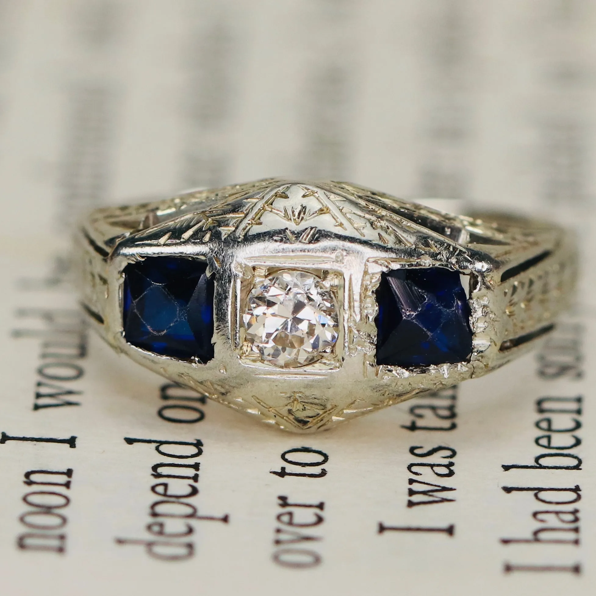 Vintage French cut sapphire and diamond ring in 18k white gold