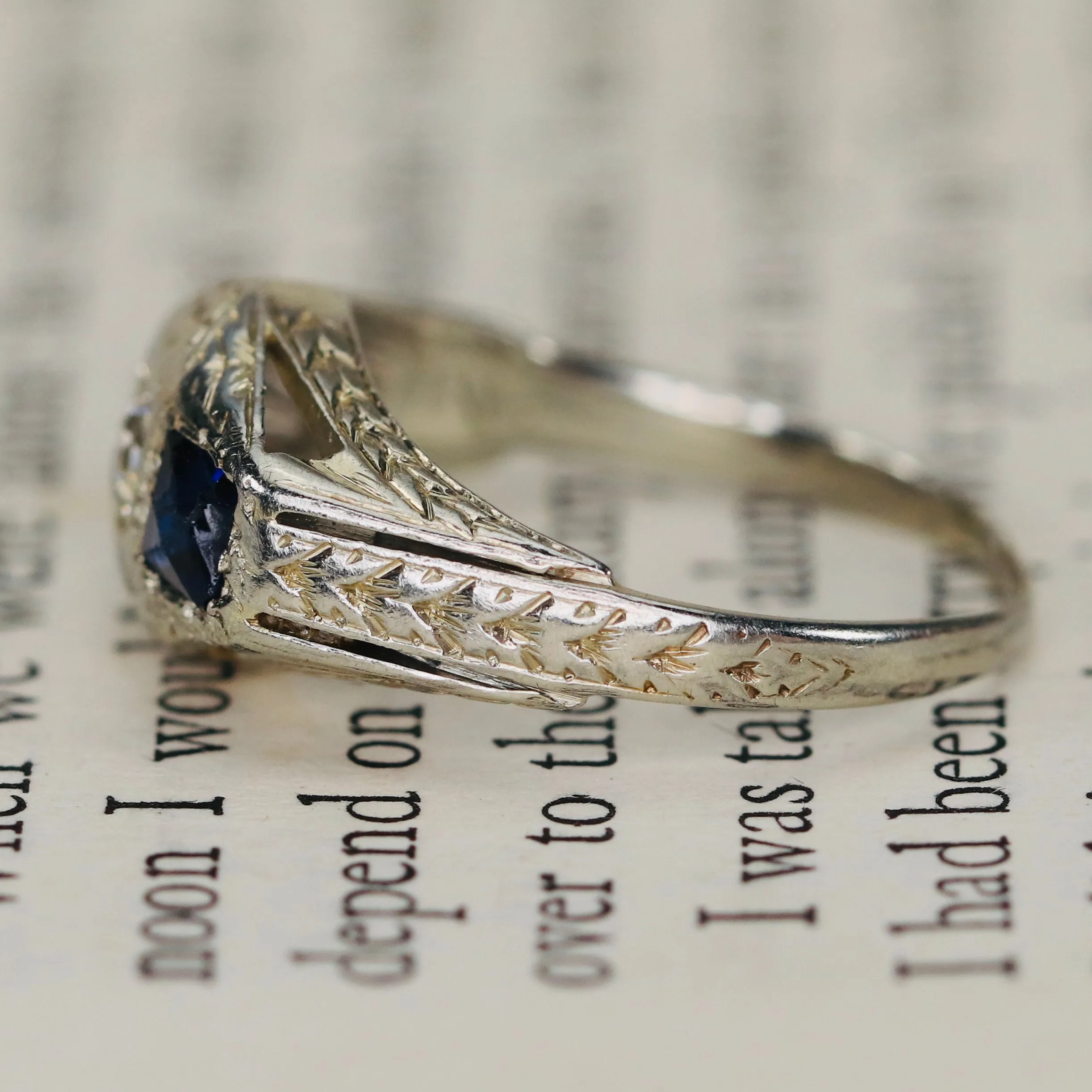 Vintage French cut sapphire and diamond ring in 18k white gold