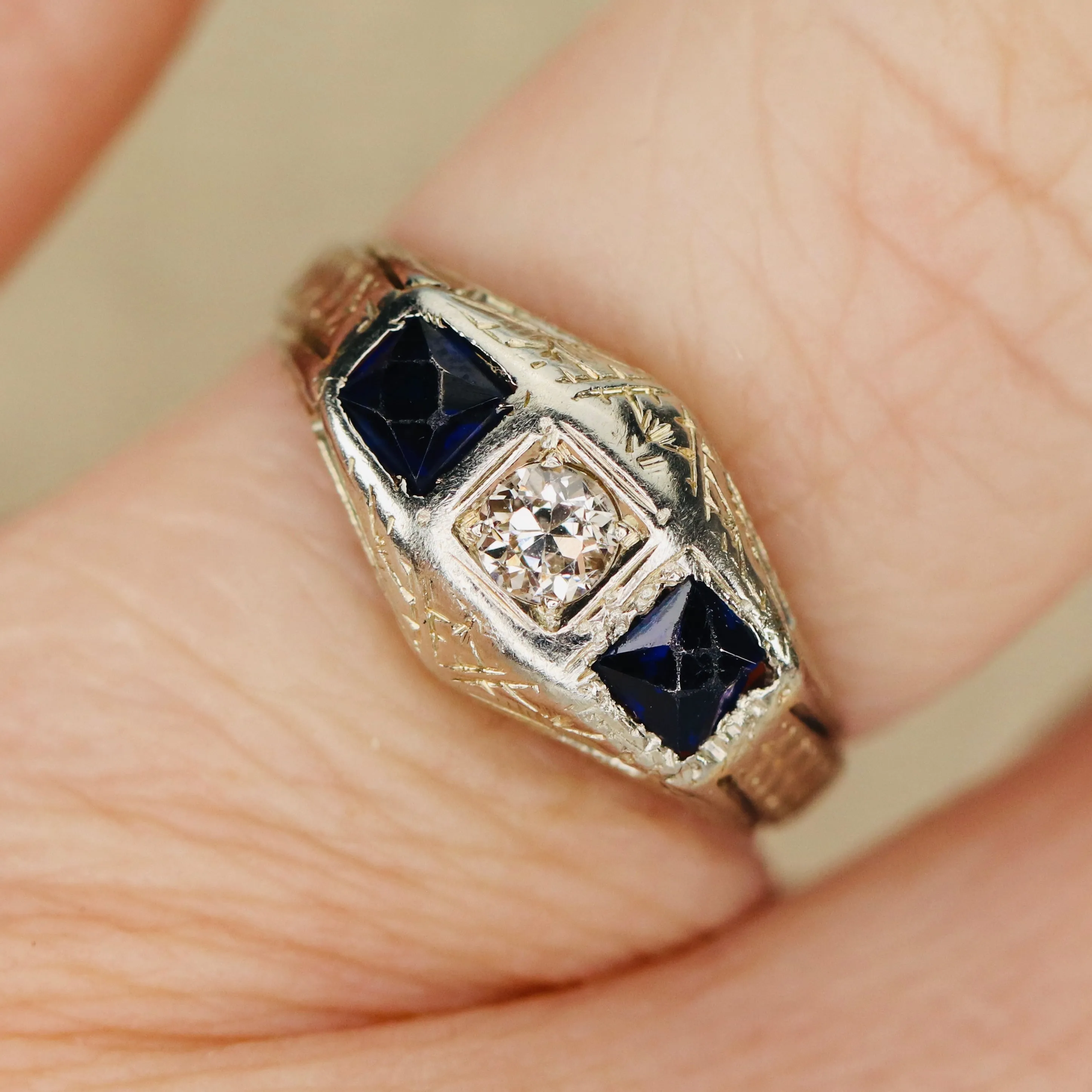 Vintage French cut sapphire and diamond ring in 18k white gold