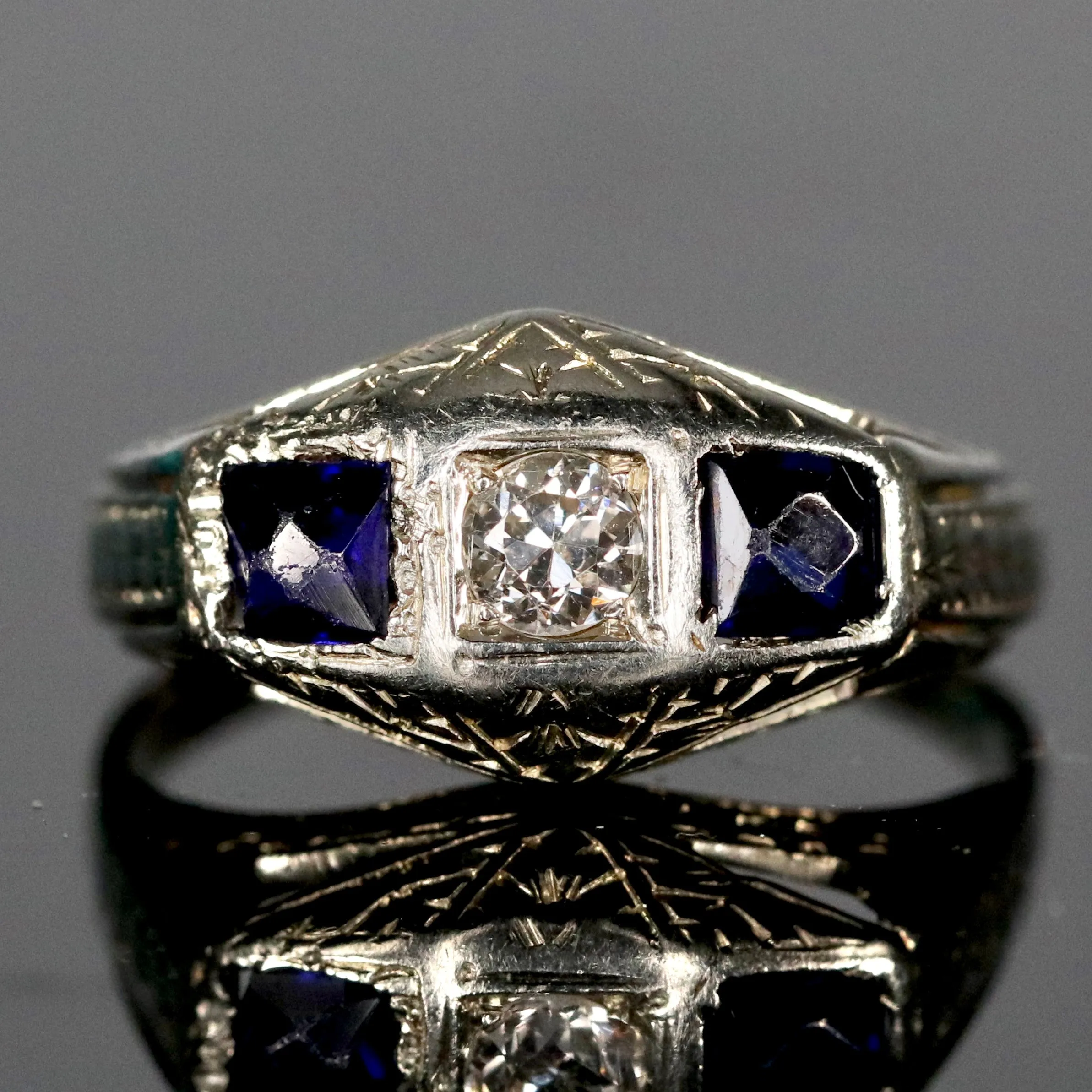 Vintage French cut sapphire and diamond ring in 18k white gold