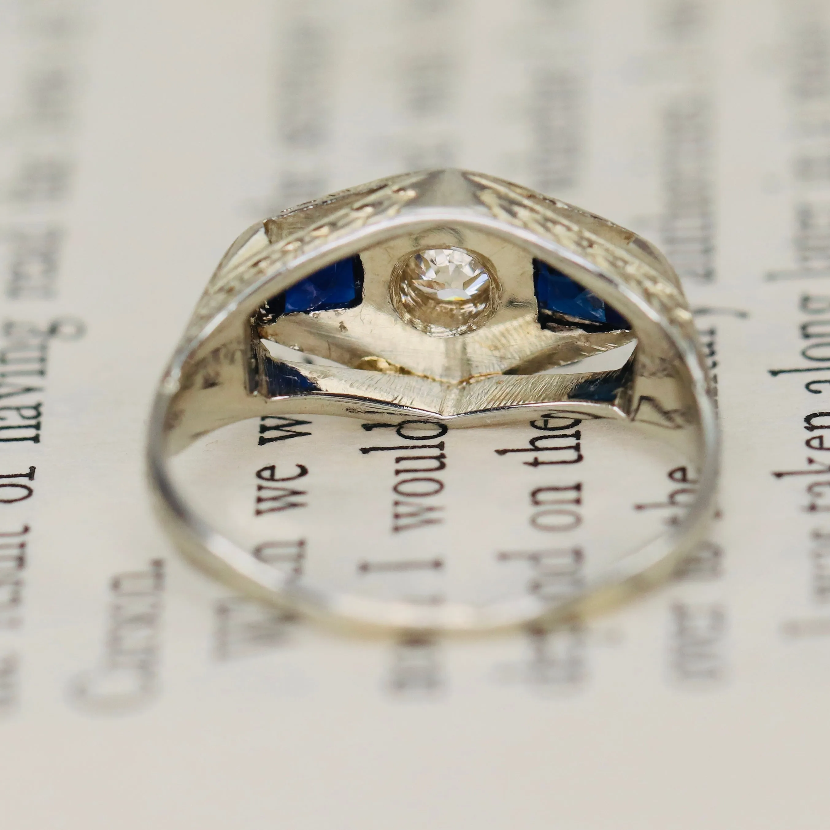 Vintage French cut sapphire and diamond ring in 18k white gold