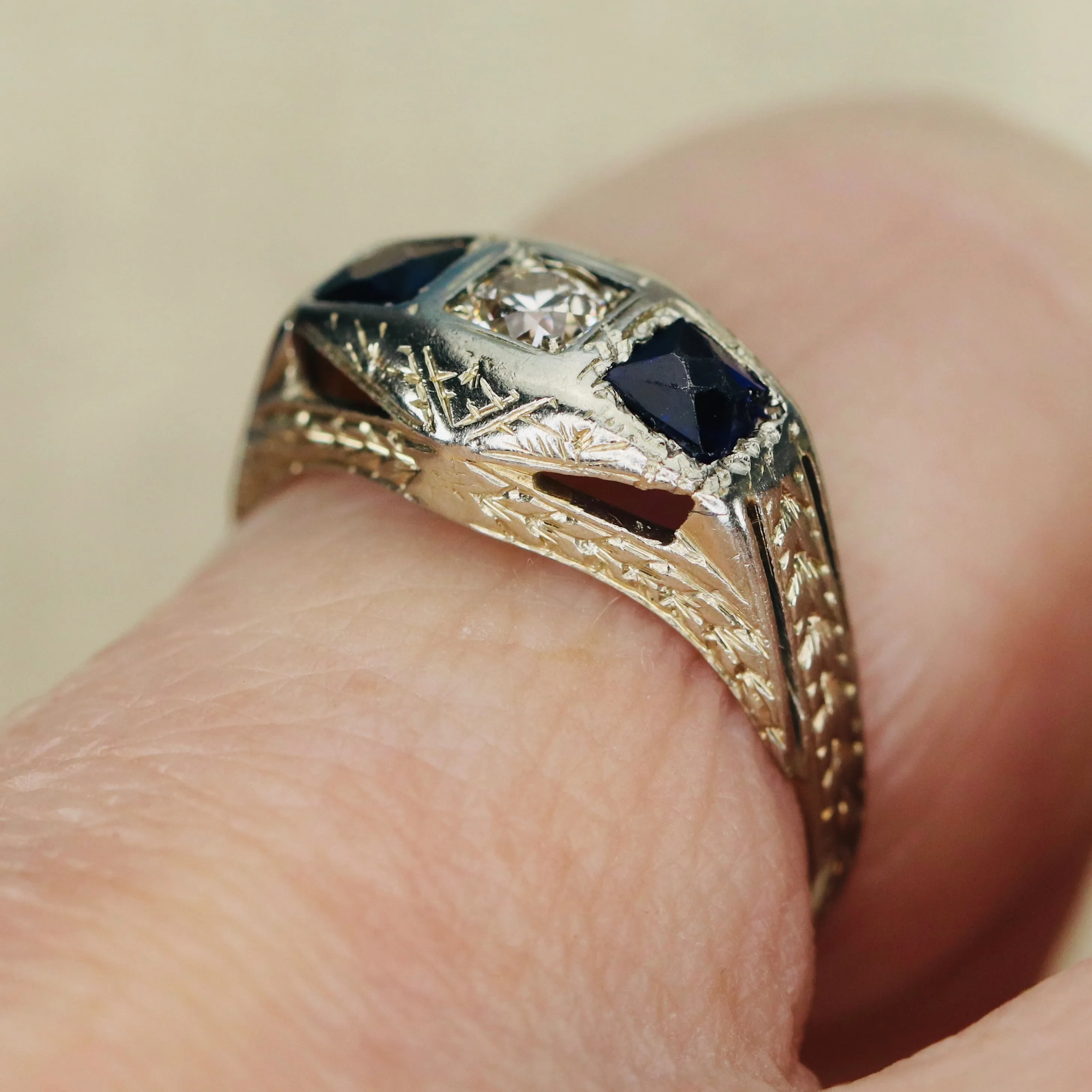 Vintage French cut sapphire and diamond ring in 18k white gold