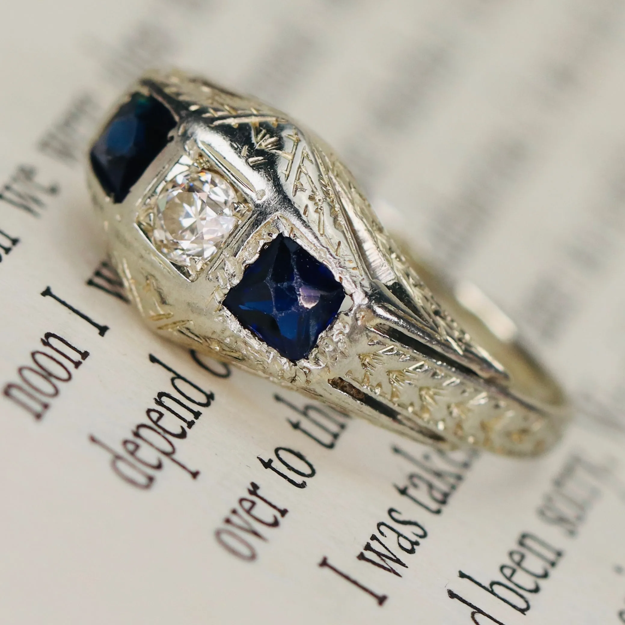 Vintage French cut sapphire and diamond ring in 18k white gold
