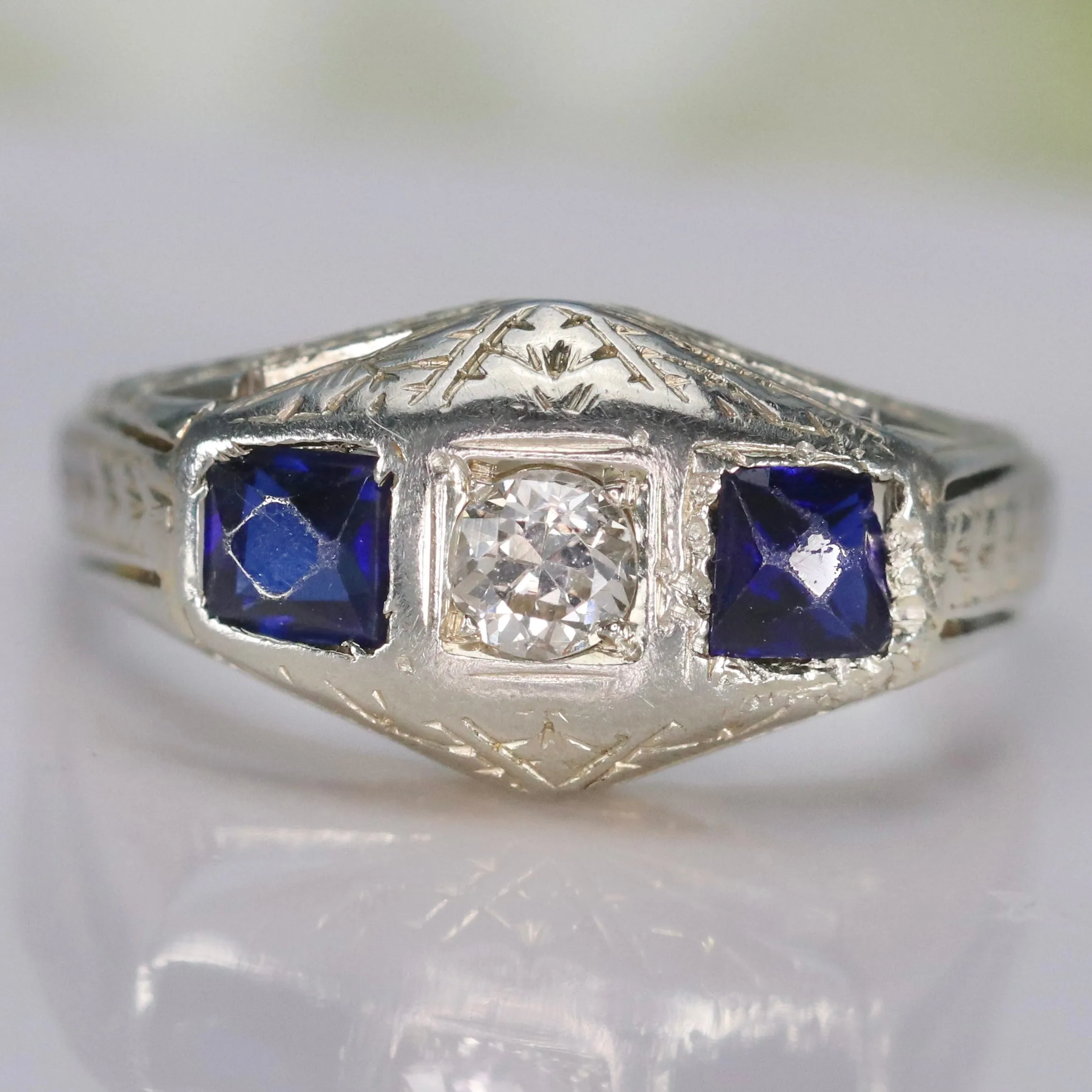 Vintage French cut sapphire and diamond ring in 18k white gold