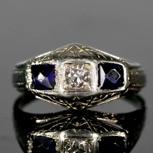 Vintage French cut sapphire and diamond ring in 18k white gold